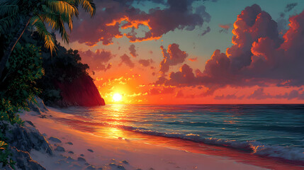 A serene beach sunset with vibrant colors reflecting on calm waters.