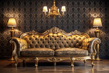 Golden Vintage Sofa: Ornate Design, Elegant Interior Decor, Wide-Angle Photography