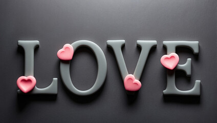 Word Love and hearts on a pastel black background. Valentine's day background