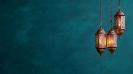 Islamic ornate design dark turquoise background hanging golden lanterns, Generative AI