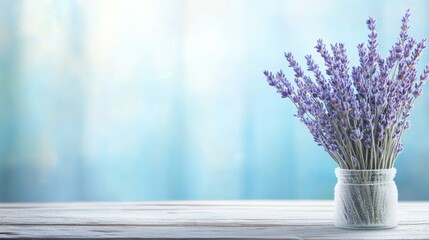 Beautiful Arrangement of Fresh Lavender Flowers in a Simple Glass Jar on a Rustic Wooden Table with a Soft Blurred Background of Tranquil Blue Tones