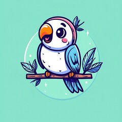 Obraz premium A playful flat design cartoon vector of a cheerful parrot perched on a glowing branch, surrounded by tropical leaves, set on a pastel green background for a vibrant jungle vibe. 