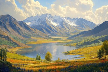 Serene lake nestled in valley, snow-capped mountains rise majestically. Perfect for travel, nature, or serenity themed projects.