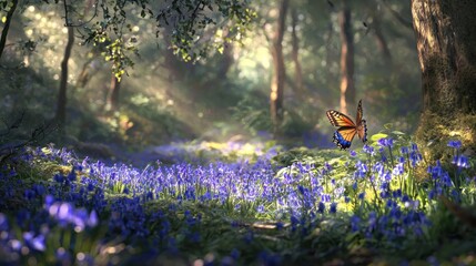 Obraz premium Magical sunlit forest path with bluebells and butterfly.