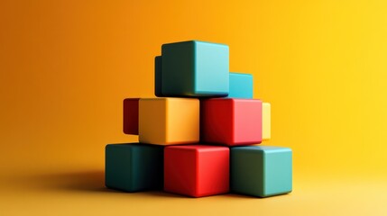 Obraz premium Colorful Cube Stack Against Yellow Background: A Modern Abstract Composition