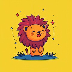 Fototapeta premium A playful flat design cartoon vector of a smiling lion cub with a glowing mane, sitting in sparkling grass, surrounded by tiny stars, set on a pastel yellow background for a majestic safari 