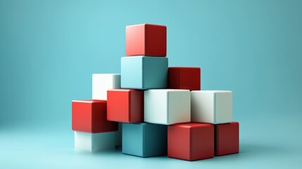Abstract Colorful Cubes Composition: A 3D Render of Stacked Blocks in Red, White, and Blue