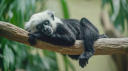 A black and white monkey rests on a tree branch.