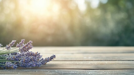 Beautiful Lavender Flowers on Wooden Surface with Soft Sunlight Creating a Dreamy Atmosphere and a Touch of Rustic Elegance in Nature