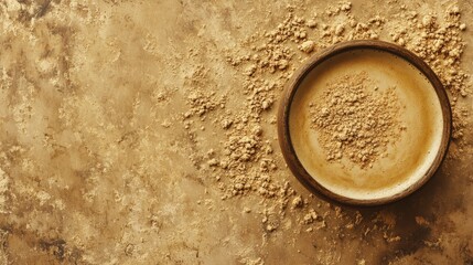 Beige clay bowl with powder on textured surface