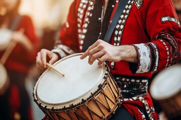 Musician playing traditional drum in red costume.