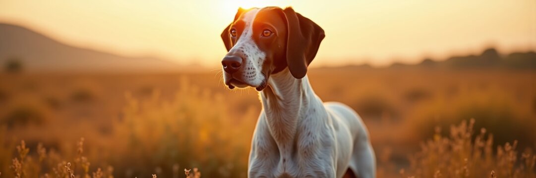 Majestic English Pointer Standing Proudly At Golden Hour Perfect for Dog Lovers And Hunting Enthusiasts Captivating Canine Portrait In Sunlit Landscape