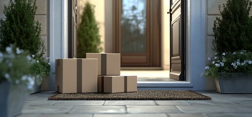 A set of cardboard boxes on a doorstep, ready for delivery.