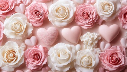 Beautiful arrangement of pink roses and heart-shaped decorations