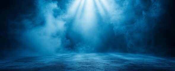 Blue smoky background with light rays, dark floor.