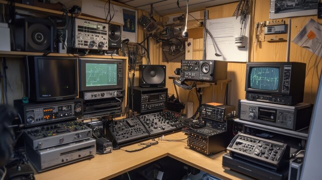 A carefully arranged amateur radio and communication station, Radios and antennas set for hobbyist broadcasts, Radio enthusiast style