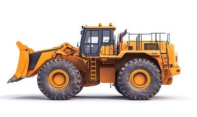 A side view of a large yellow wheel loader used in construction and excavation.