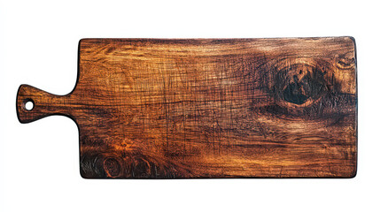 A rustic wooden cutting board made from rich, dark wood with a smooth surface and a handle on one side. The board has natural grain patterns and a warm finish, showcasing its craftsmanship.
