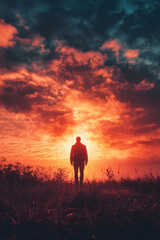 Fototapeta premium Silhouette of Lone Figure Against Dramatic Sunset with Fiery Sky : Generative AI