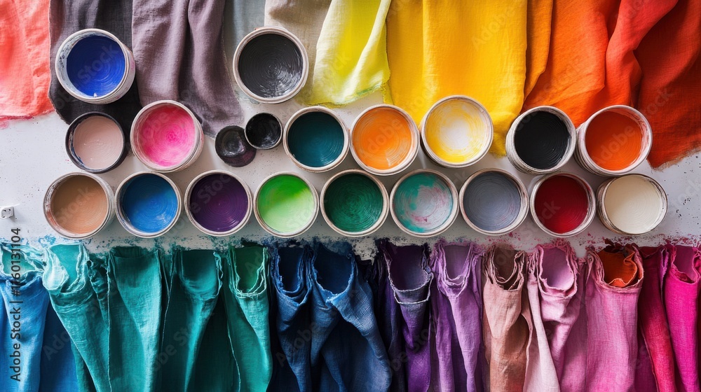 Poster a carefully arranged textile dyeing and fabric design studio, dye pots and textile samples in vibran