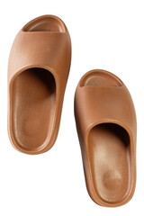 A pair of brown open-toe slippers, isolated on white background