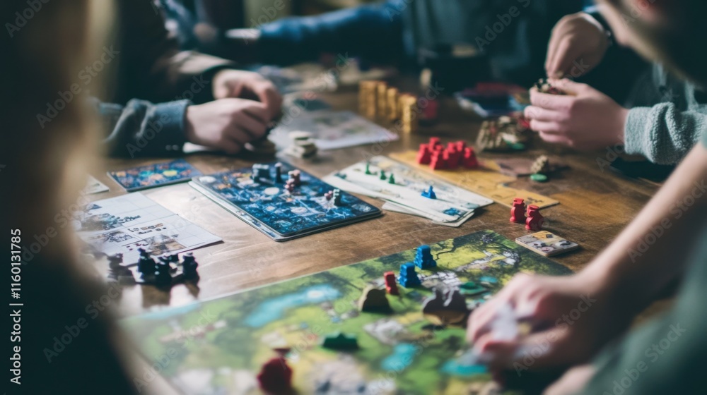Poster A carefully organized board game design and playtesting studio, Game prototypes and playtesting setups for strategic gameplay, Game designer style