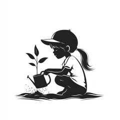 Girl watering a small plant.