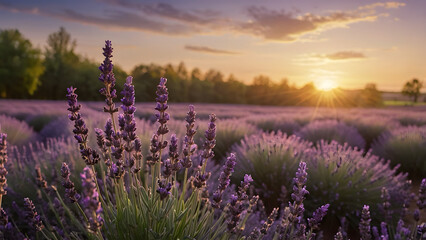Obraz premium Soft-focused banner of a blooming lavender field at sunset, featuring vibrant violet flowers