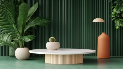 Modern interior design featuring plants and minimalist furniture in a green setting.