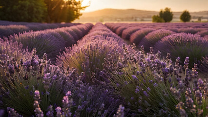 Obraz premium Soft-focused banner of a blooming lavender field at sunset, featuring vibrant violet flowers