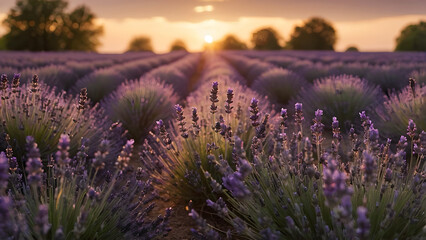 Obraz premium Soft-focused banner of a blooming lavender field at sunset, featuring vibrant violet flowers