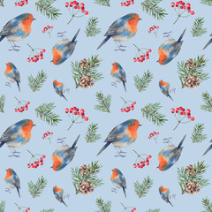 Robin with rowan berries and pine branches. Seamless pattern with forest birds and plants. Watercolor illustration hand painted. New Year and Christmas celebrations. A template for decoration.