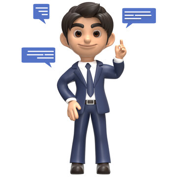 Young businessman having a convertation, bubble text, gift idea