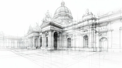Obraz premium A wireframe architectural rendering of a grand building with detailed elements.