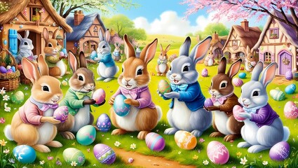 Naklejka premium Bunny Village: A charming scene of rabbits in a whimsical village, painting eggs and preparing for Easter festivities.