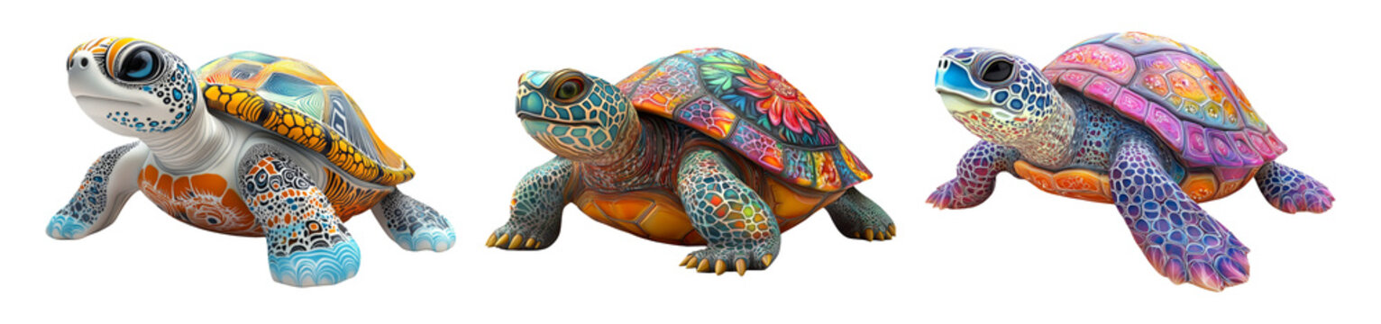 Colorful Turtles Collection on Transparent Background for Design Use
