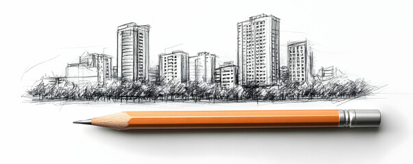 Fototapeta premium A pencil sketch of a city skyline with a pencil in the foreground.