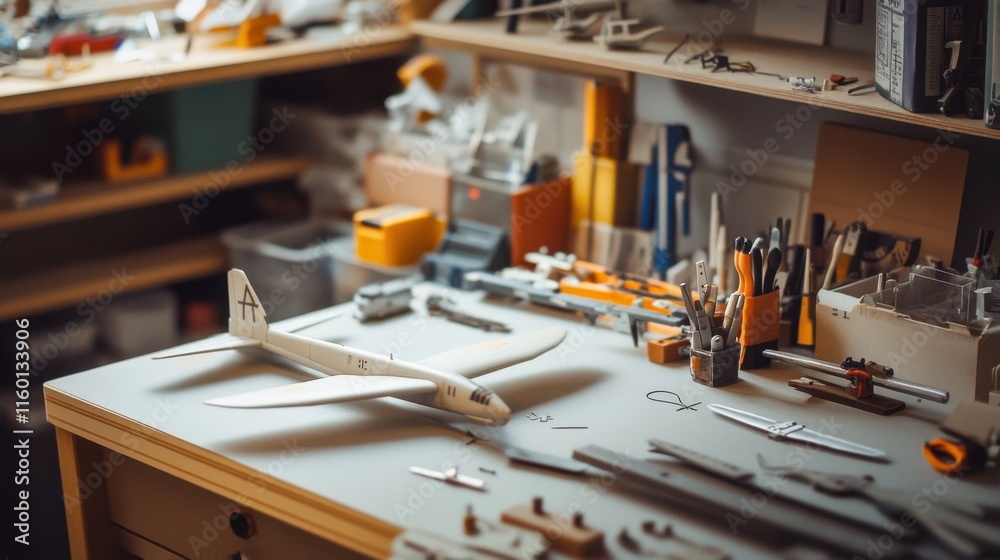 Poster A carefully set up model airplane workshop, Scale models and tools arranged for precision building, Aviation hobbyist style