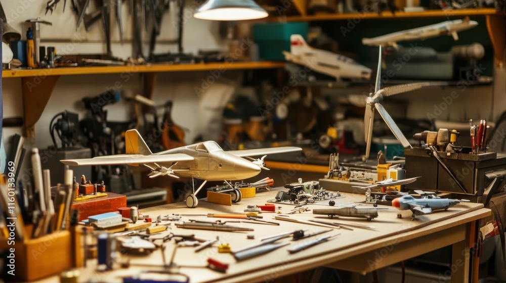 Poster a carefully set up model airplane workshop, scale models and tools arranged for precision building, 