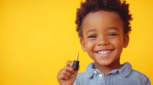A smiling child holding a small object against a bright yellow background.