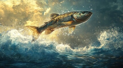 Fototapeta premium Leaping Fish Against a Dramatic Sky