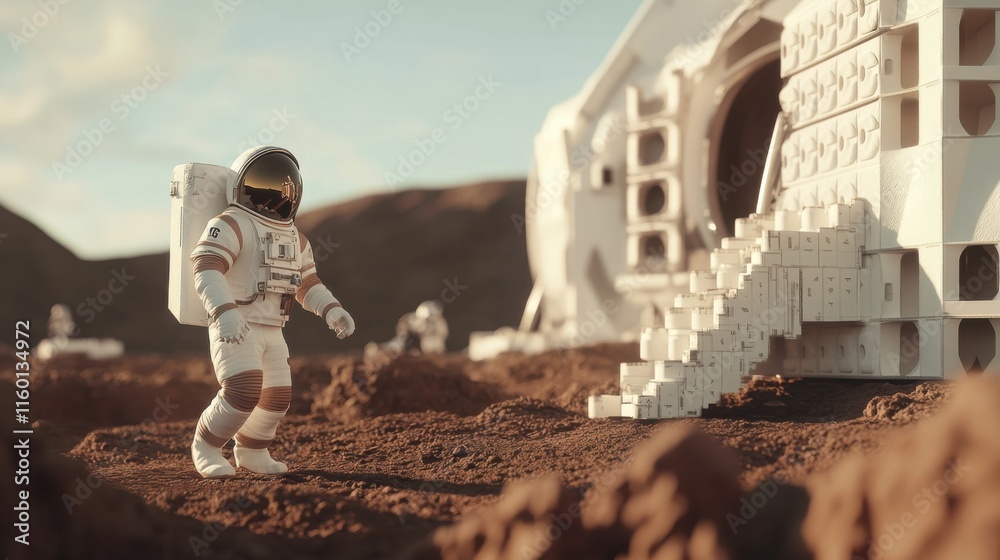 Aufkleber A collaborative space exploration mission with astronauts constructing habitats on Mars using modular blocks, Blocks arranged for Martian habitat construction, Space colonization style