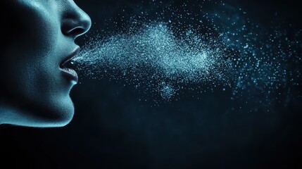 Close-up of person exhaling, droplets visible. Illustrates respiratory droplets, ideal for health, hygiene, or virus concepts.