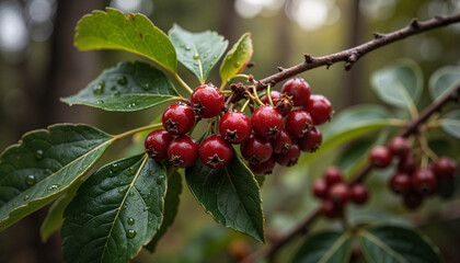 Chokeberry branch with ripe berries in forest, natural freshness
