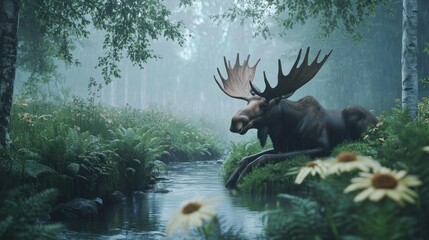 A moose resting near a small forest stream during a light rain, surrounded by wildflowers and ferns, the misty atmosphere vividly captured in 4K.