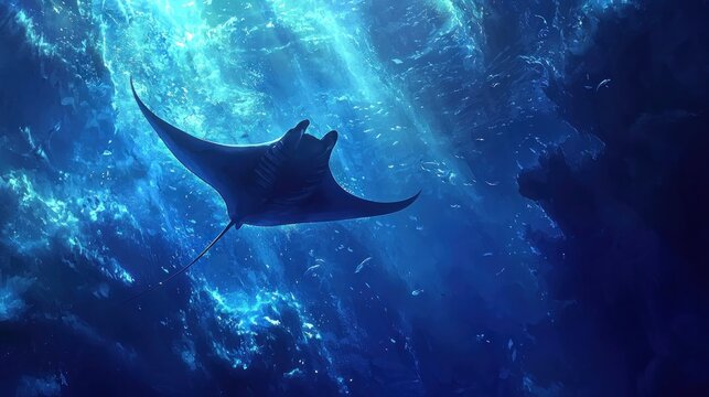 Majestic manta ray gracefully glides through bioluminescent ocean depths.