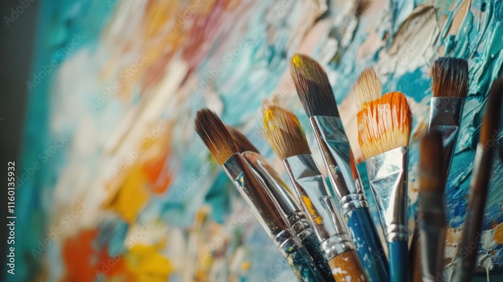 Poster a contemplative painting session in an artist's studio, paintbrushes and palettes arranged with arti