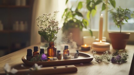 A cozy aromatherapy workshop with essential oils and diffusers, Aromatherapy tools arranged on a peaceful spa table, Wellness workshop style
