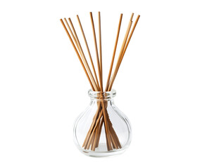 A glass vase with wooden sticks inside isolated on a transparent background