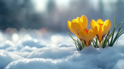 In the cold winter, yellow crocuses bloom in the snow-covered ground. The sun shines on them, and their petals sparkle with golden light. This scene symbolizes hope, the vitality of nature after the i